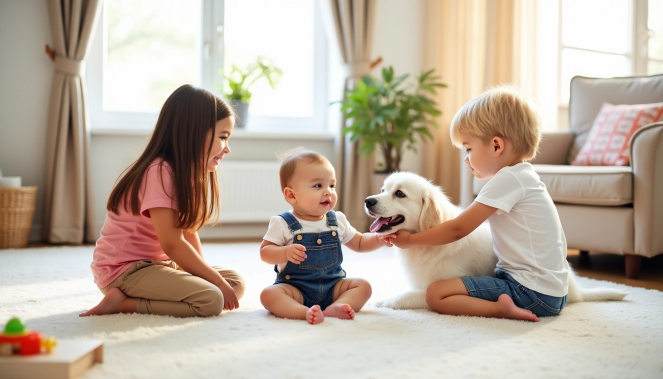 Children and pets playing safely on freshly cleaned carpet — eco-friendly products used